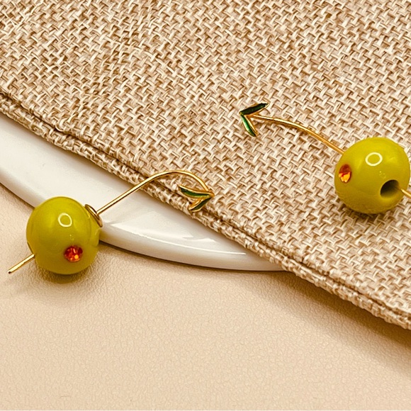 Anthropologie Gold and Green Olive Drop Design Threader Earrings - Picture 6 of 12